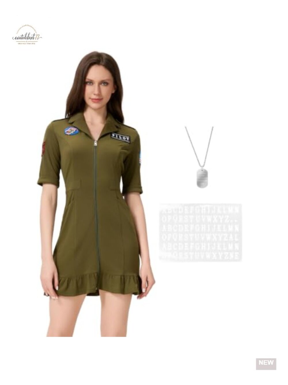 Women's Fighter Pilot Costume Dress Set with Necklace Badges Halloween